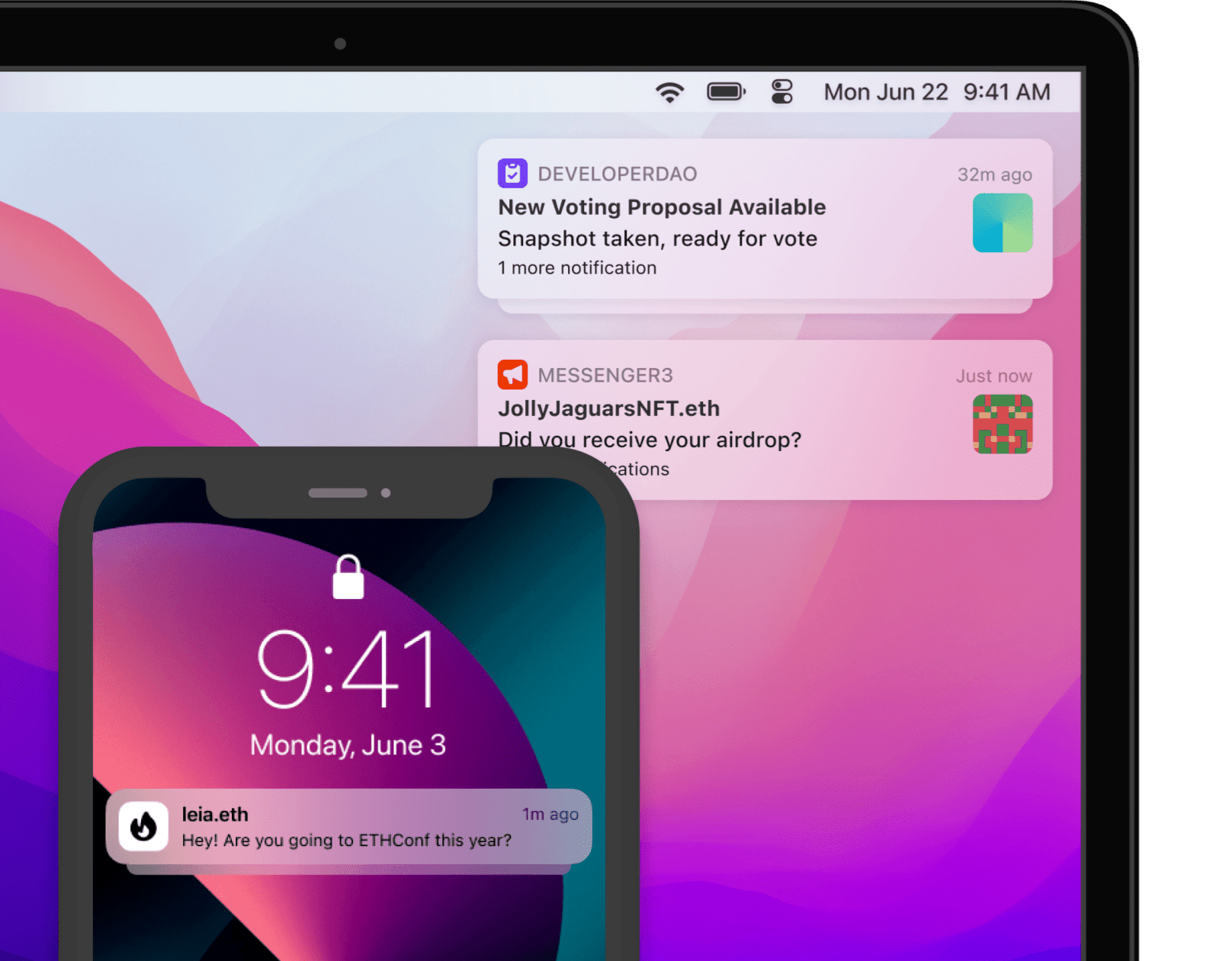 Laptop and mobile device screens showing alerts, announcements, and direct messages enabled by building apps with XMTP